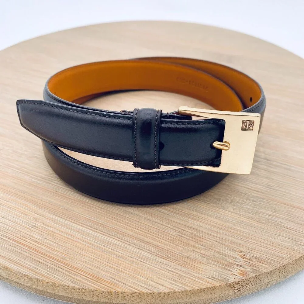Lauren Ralph Lauren Belt Womens M Black Leather Brass Buckle Retro